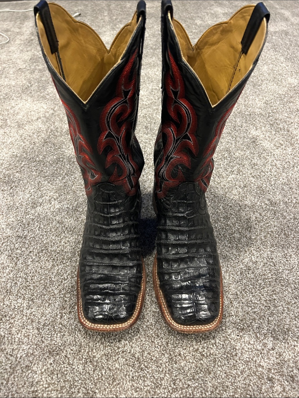 Ariat Exotic Caimen belly square toe Croc Cowboy Boots with Red Stitching